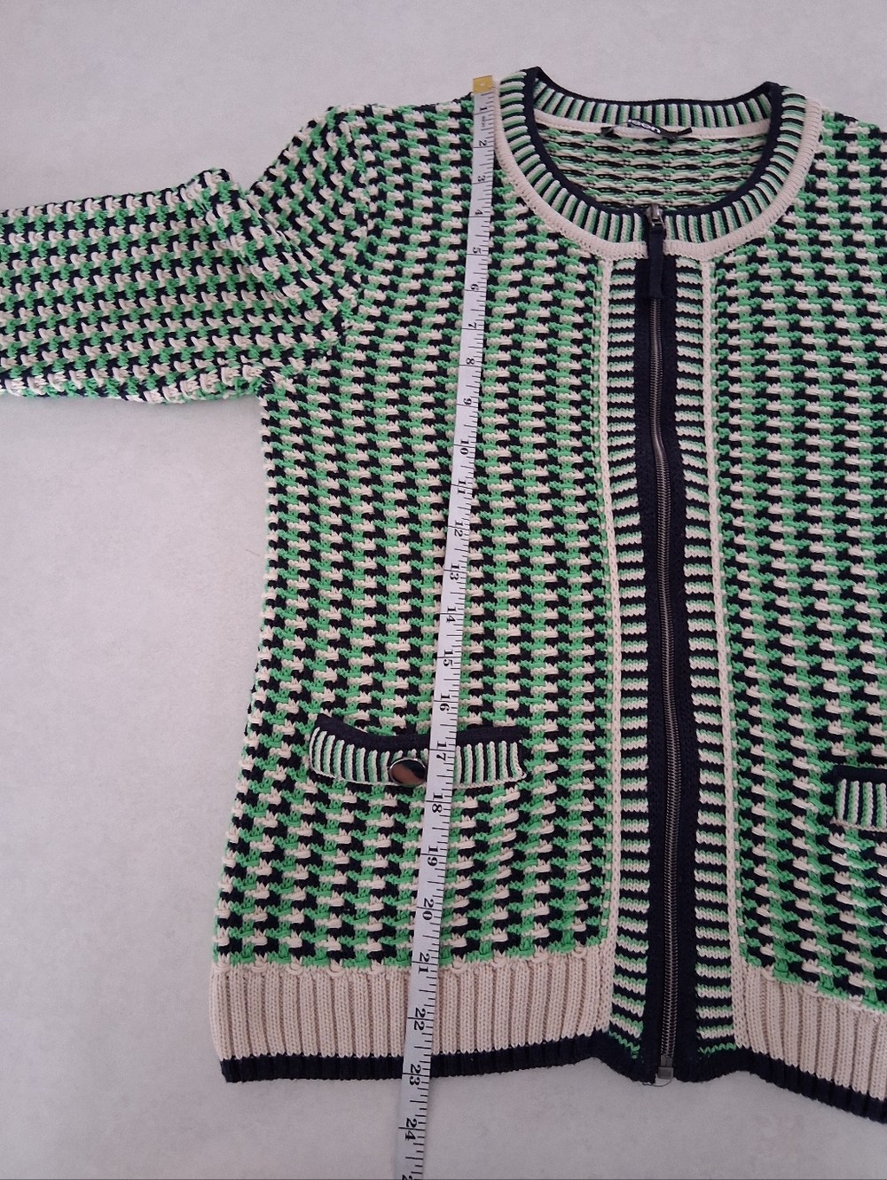 Olsen/ Henny/ Green, Navy, Cream, Knit Zip Cardigan/ Pocketed/ Size US S - Picture 13 of 14